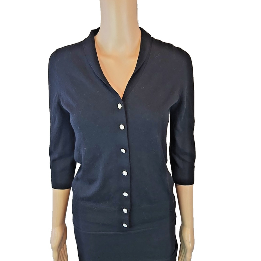 Talbots Women's Black Embellished Button 3/4 Sleeve V-Neck Cardigan Size Small
